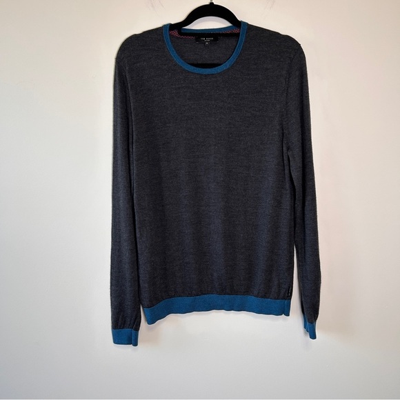 Ted Baker Men’s Size XL (5) Merino Wool Charcoal Sweater with Teal Trim Office - Picture 2 of 9